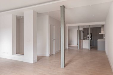 Geniş açık alanı olan boş bir oda, antika metal sütunlar, beyaz ahşap doğrama ve ahşap taş gibi rüyaları olan.