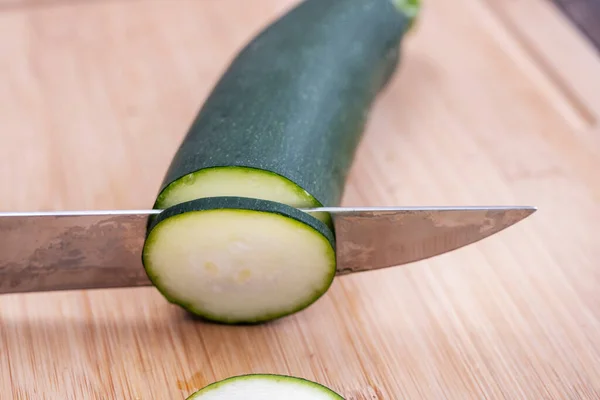 Splitting Raw Zucchini Sharp Knife — Stock Photo, Image