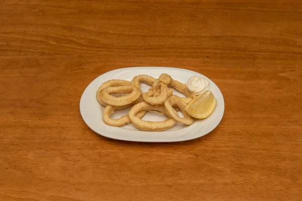 Calamari May Need Platter Lemon Wedge Sometimes Served Snack — Stock Photo, Image