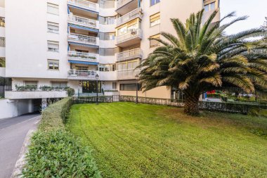 Bir sürü çimeni ve renkli terasları olan beyaz önlü bir apartmanın yanında bir palmiye ağacı olan bir bahçe.