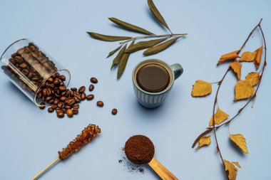 Ön planda kahve, arka planda kahve çekirdekleri, arka planda kahve fincanı, çeşitli kuru yapraklar ve pürüzsüz mavi yüzey ile sakin bir hayat.