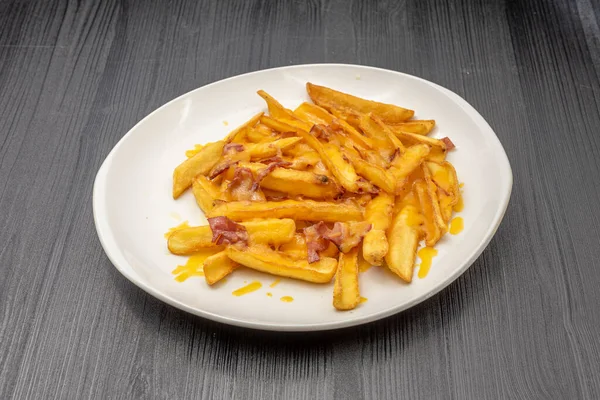 A serving of melted cheddar cheese fries with fried bacon bits. Typical and healthy USA-style food
