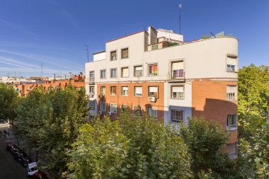 Facade of a singular building surrounded by leafy trees