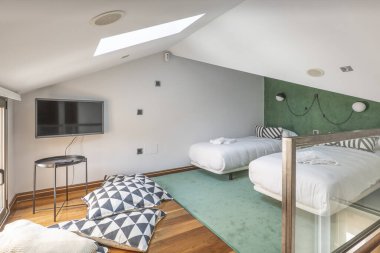 Bedroom with two beds in a penthouse apartment with sloping ceilings with skylights, a tv and green carpet