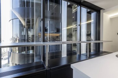 Counter table inside an office with good views of the city