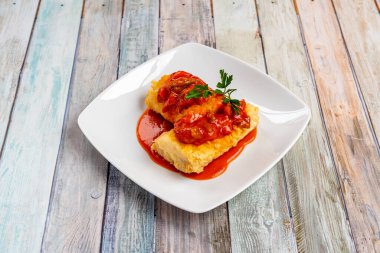 The samfaina made from chopped aubergine and zucchini and saut with minced garlic and   onion and tomato in olive oil