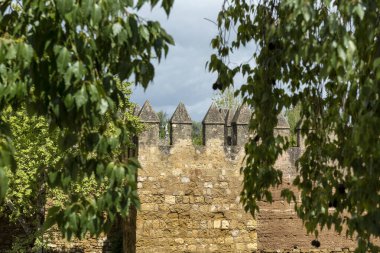 View between the branches of trees of the paraped battlements of the wall of Cordoba