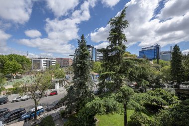 A park with grass and trees in an office area on a bright day there are some clouds