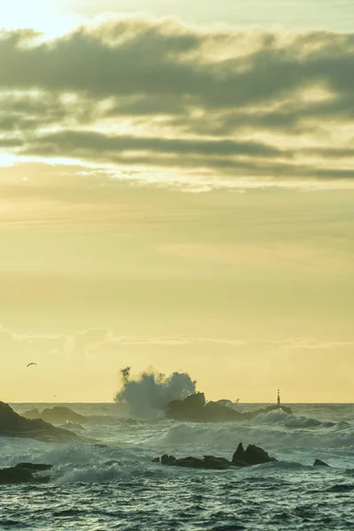 Mořské Vlny Narážející Skály Galicijském Pobřeží Při Západu Slunce Zlatým — Stock fotografie