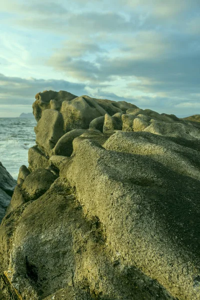 Sunset Galician Coast Lower Estuaries Next Large Breakwaters Granodiorite Rocks — Stock Photo, Image