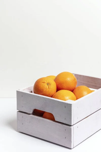 Boîte Fruits Bois Légère Pleine Oranges Pour Fabrication Jus — Photo