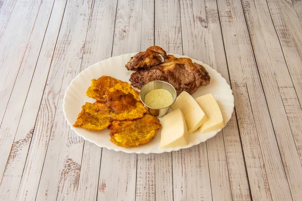Latin American Recipe Beef Steak Hand Cheese Patacones Sauce — Stock Photo, Image