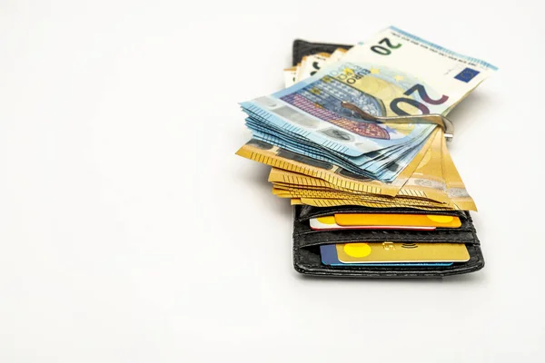 Черный Бумажник Хорошей Суммой Евро Купюр Кредитных Карт Денег Клип — стоковое фото