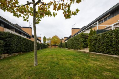 Tek aile evleri arasında çitleri ve otları olan bazı iç bahçeler.