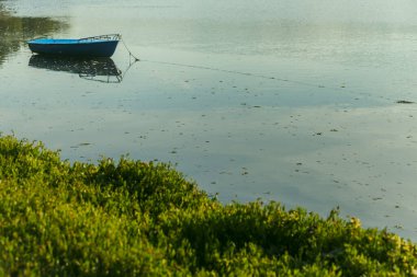 Küçük mavi bir sal, suyun yüzeyinde bir iple bağlanmış.