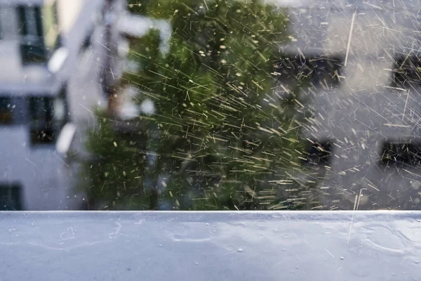 Rain Sheets Bouncing Wet Window Sill — Stock Photo, Image
