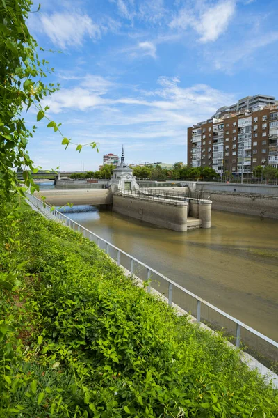 Flodlandskap Med Många Växter Och Byggnader Staden Madrid — Stockfoto