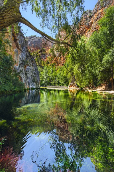 stock image A beautiful lake between the mountains with reflection of all the vegetation on a sunny day