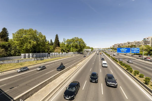 stock image Road traffic in the lanes of the highway in the ring road of Madrid m 30