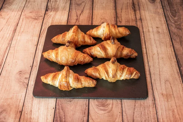 Tray Delicious Freshly Baked Croissants Wooden Table — Stock Photo, Image