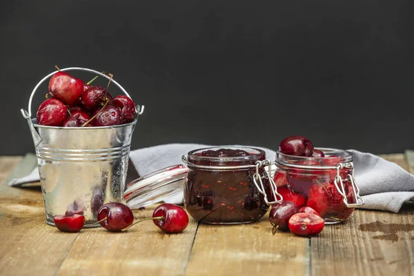 Beautiful Still Life Delicious Ripe Cherries Metal Glass Containers Wooden — Stock Photo, Image