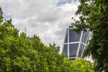 Madrid gökdeleninin karakteristik bir binası yapraklı ağaçlar arasında görünüyor.