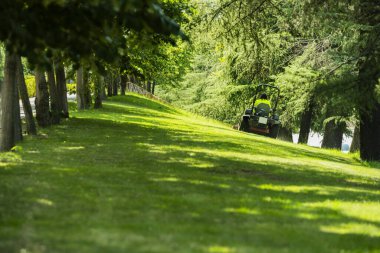 Kentsel bir bahçede motorlu çim biçme makinesiyle çimleri biçen bir operatör.