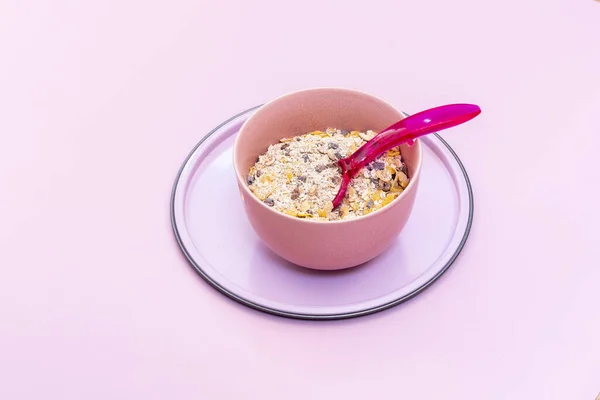 A still life of cereals in a pink bowl with a pink spoon on a plate in the absence of any liquid and a background of the same color