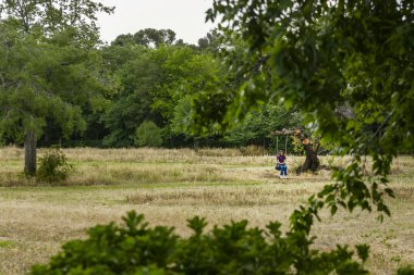 Salıncakta sallanan bir kadınla ağaçlarla ve solmuş tarlalarla dolu güzel bir park.