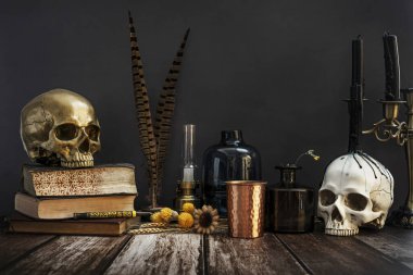 Kurumuş çiçeklerin, insan kafataslarının, eski kitapların, cam kapların ve yanmamış mumların Gotik tarzında bir hayat.