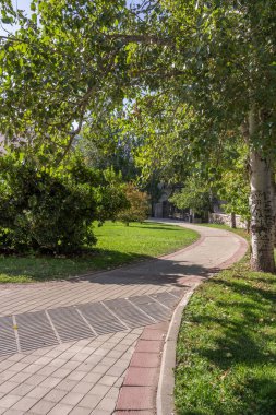 Şehir parkında iki renkli çimento döşeme geçidi 