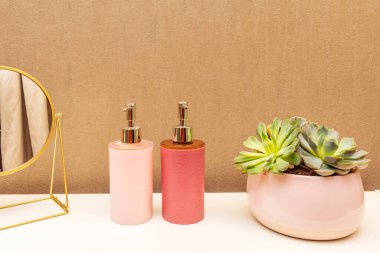 Lezzetli bir porselen kap ve sıvı sabunluk.