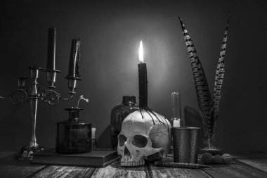 Şamdandaki mumların siyah ve beyaz bir görüntüsü, katipler için balmumu damlaları ve klasik nesnelerle dolu bir kafatası.