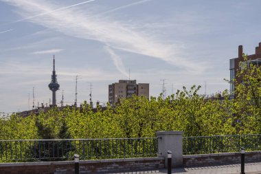 Ormanlık bir şehir parkının yüksek bir köprüsünden görüntüler ve arka planda Madrid 'in telekomünikasyon kulesi.