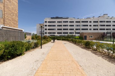 Kentsel konutlarda çalılarla çevrili bir tuğla yürüyüş.