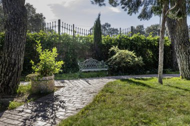İşlenmiş demir koltukları ve büyük saksıları olan bir bahçede ağaçlar ve çimenler arasında siyah bir fayans yürür.