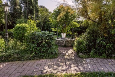 Bahçesinde fayansla döşenmiş beyaz metal kovası olan bir kuyu.