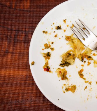 Akşam yemeğinden sonra yemek artıklarıyla birlikte beyaz tabak ve çatal.