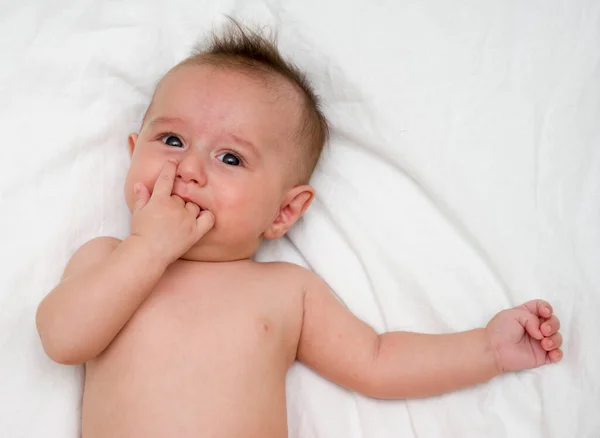 Cute Baby Lies White Fluffy Background — Stock Photo, Image
