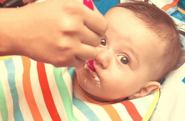 Woman Hand Feeding Food Little Baby Boy New Born Baby — Stock Photo, Image