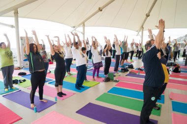 Bakü, Azerbaycan-10 Mayıs 2017: Erkek, kadın ve çocukların kitlesi açık havada yoga yapıyor