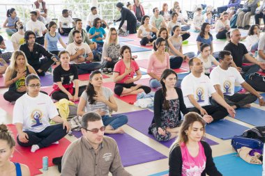 Bakü, Azerbaycan-10 Mayıs 2017: Erkek, kadın ve çocukların kitlesi açık havada yoga yapıyor