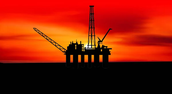 Silhouette of a floating production platform in Sea region, with sunset as background.