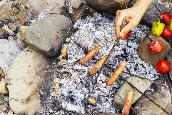 Bir kadın, doğada kömürde sosis ve domates kızartır.