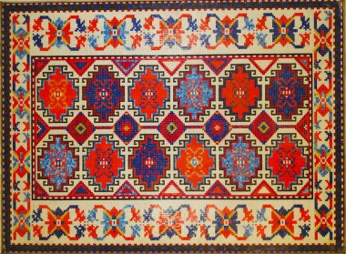 Halı dokusu, soyut süs. Geleneksel süslemeli renkli Doğu Mozaik Halı. Desenli halı. El yapımı örgü halısının yakın görüntüsü.