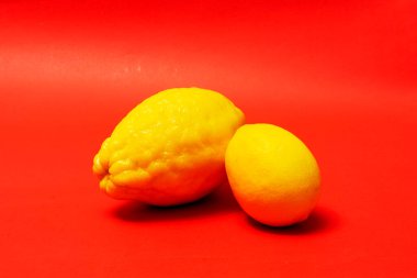 Kırmızı arka planda sulu olgun limonlar. Yaratıcı bir yemek konsepti. Tropikal organik meyveler, narenciye meyveleri, C vitamini tam limon. Yaz minimalist parlak meyve arkaplanı