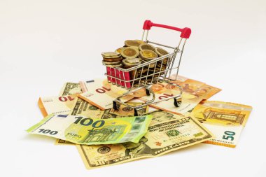 Mini shopping basket with coins and paper Euro and dollar bills on a white background. Finance and the concept of saving money