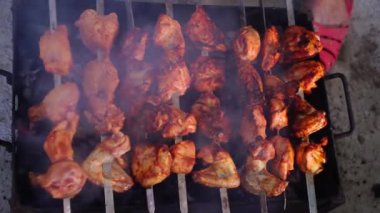 Izgara şiş şiş şiş şiş şiş, şiş kebap tavuk, koyun eti. Meyveli, baharatlı ve baharatlı et dilimleri. Barbekü pikniği barbekü partisi. Üst görünüm
