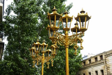 Ağaçların arka planında yaldızlı sokak ışıkları