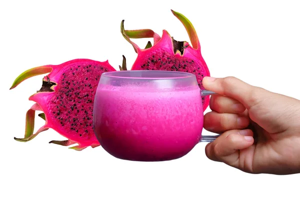 Glass Dragon Fruit Juice Slice Fresh Dragon Fruit Human Hand — Stock Photo, Image
